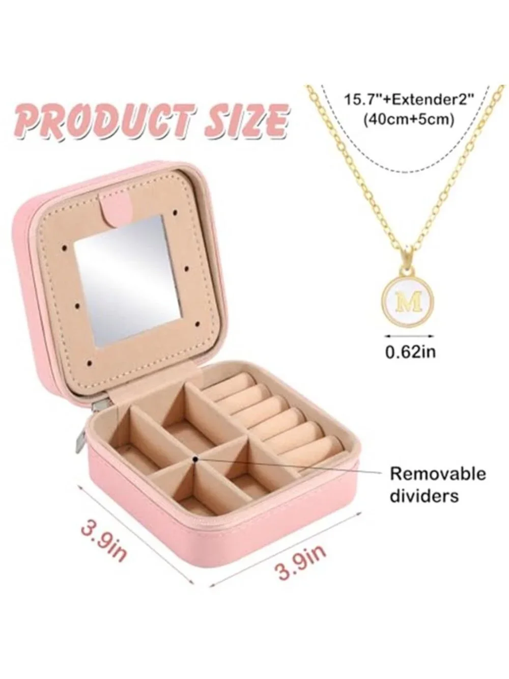 Initial Travel Jewelry Box Organizer Mirror Case PU Leather Storage Pink